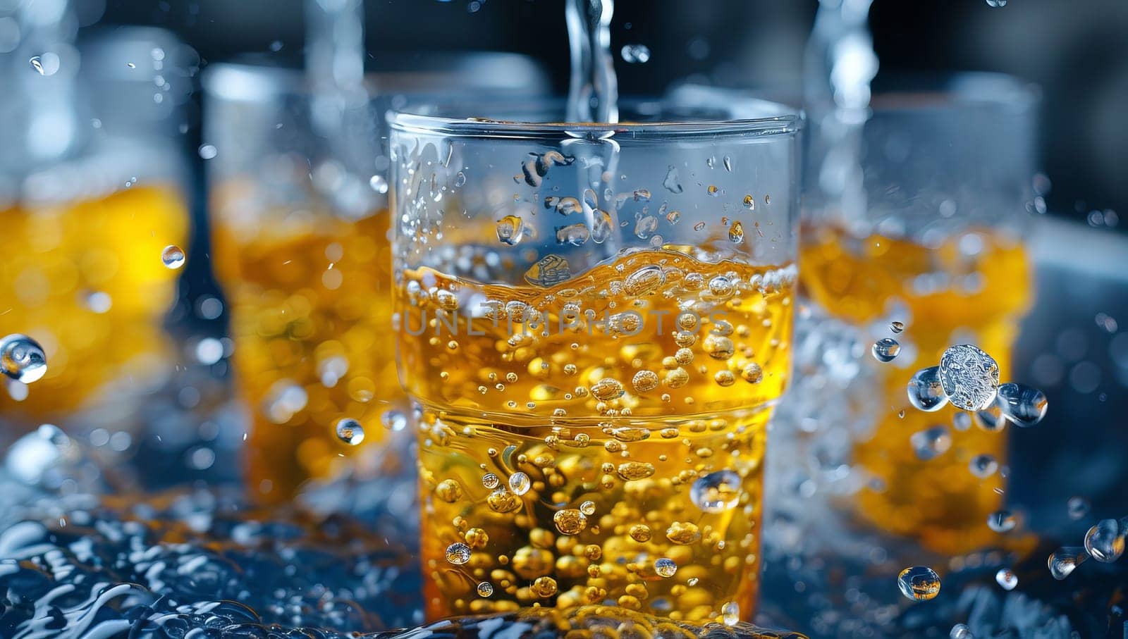 Whiskey with ice cubes and bubbles in glass on blue background