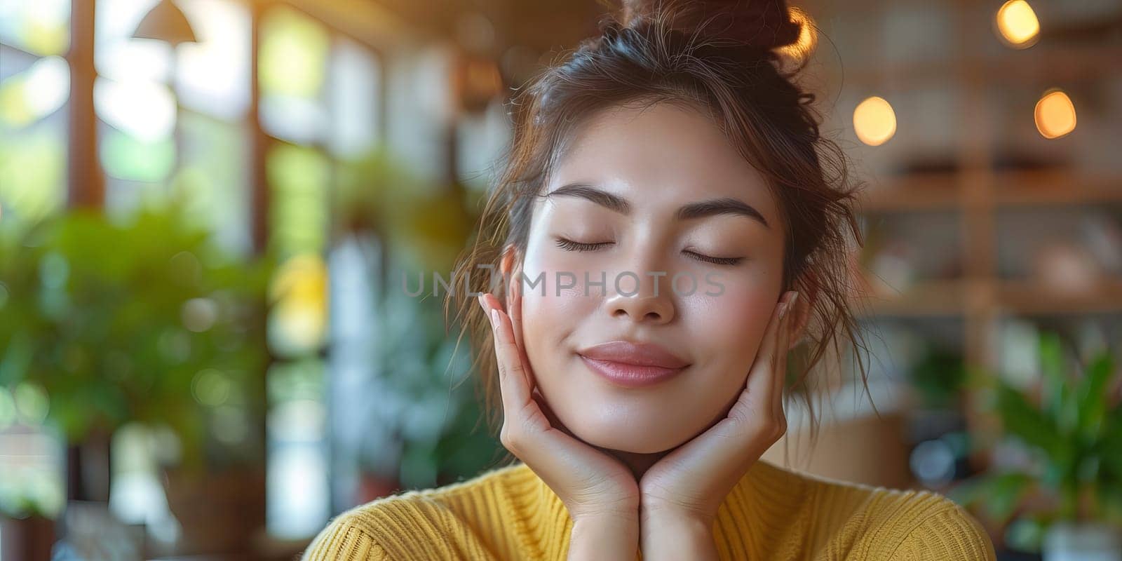 Beautiful asian woman smile and relax in coffee shop cafe.