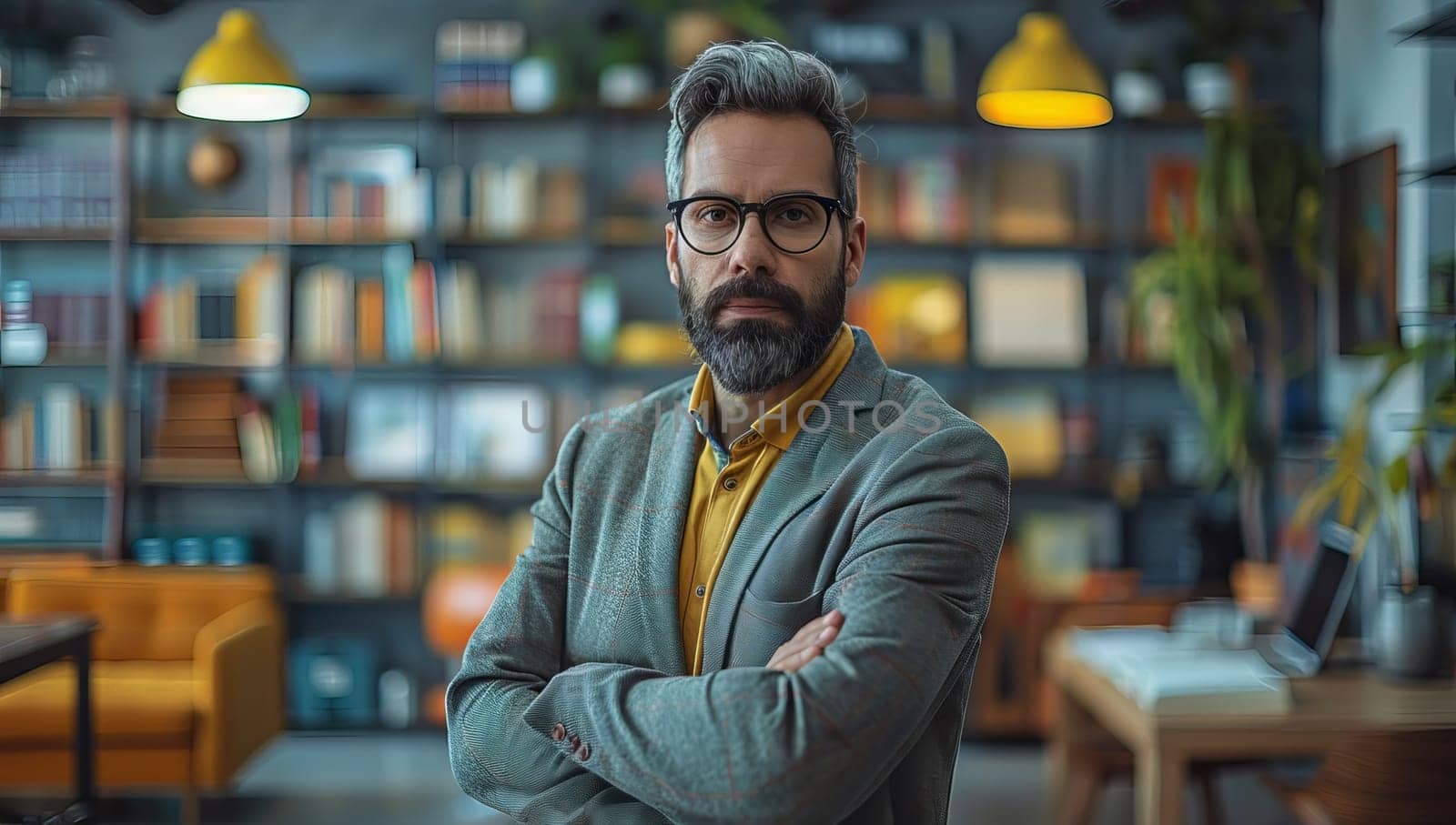 Mature businessman confidently stands in modern office