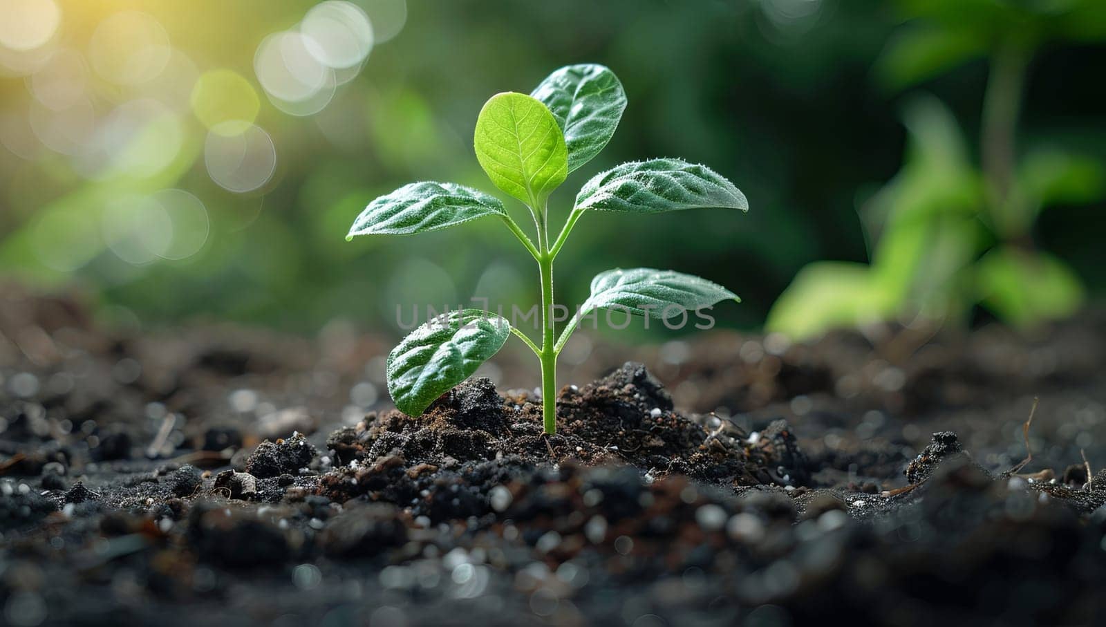 Green seedling growing in soil on blurred nature background, Ecology concept