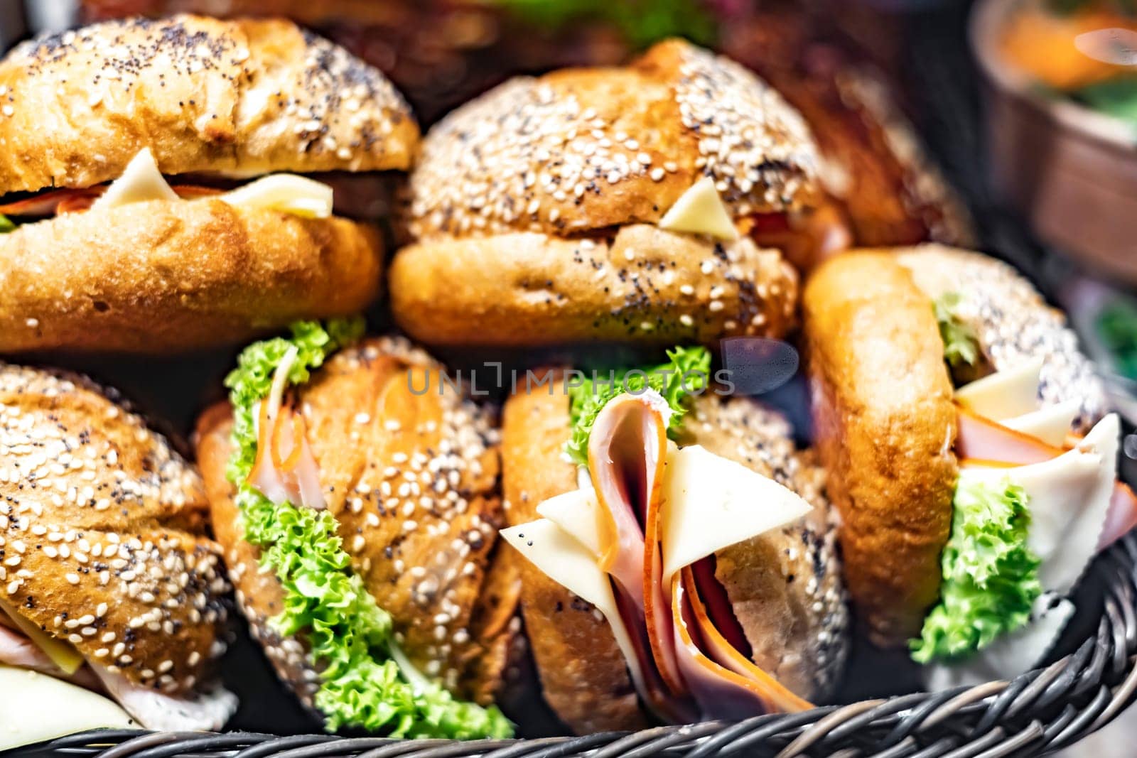 Freshly prepared sandwiches sold in a fast food restaurant.
