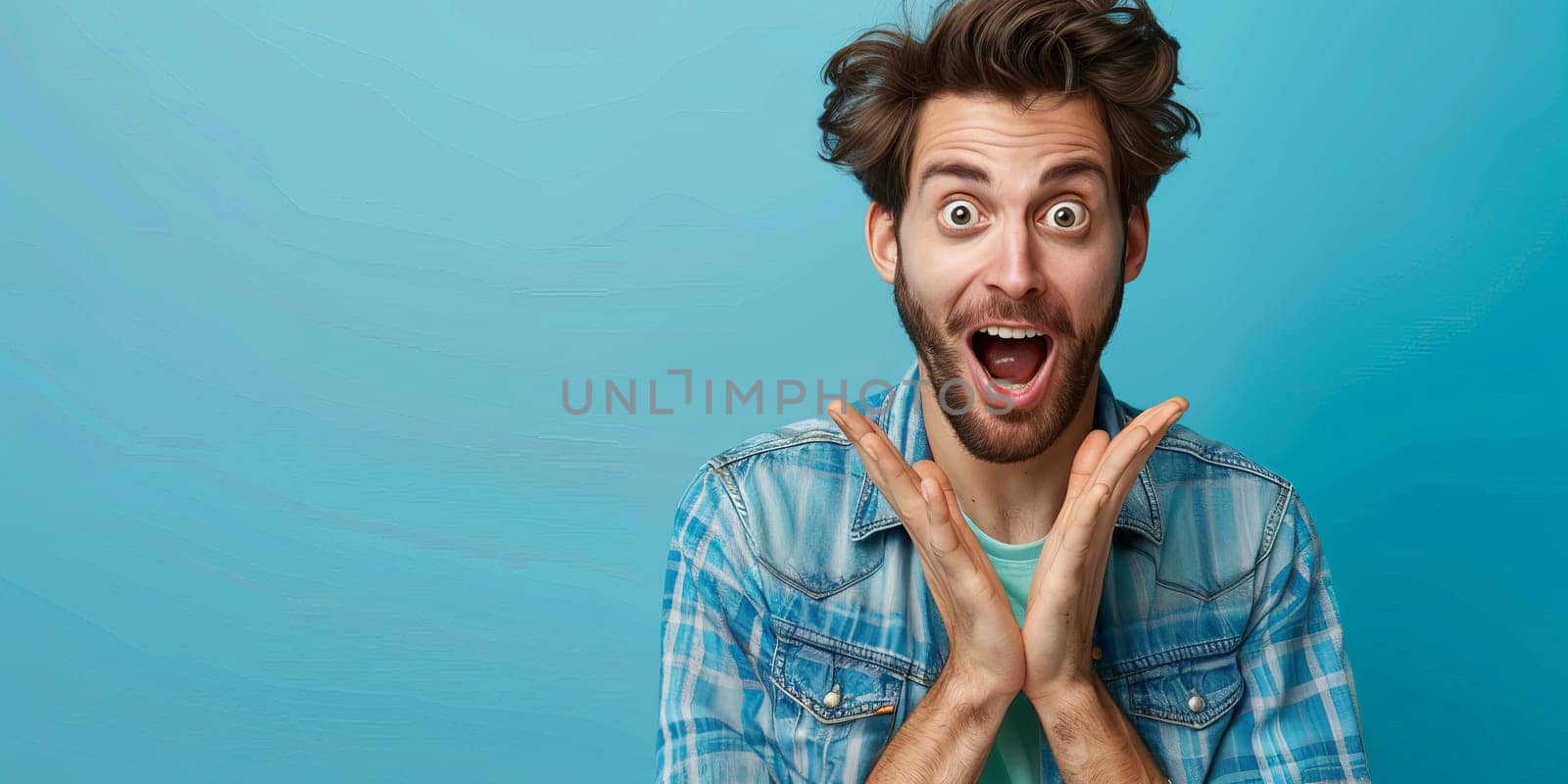 Surprised young man posing in plaid shirt against blue background