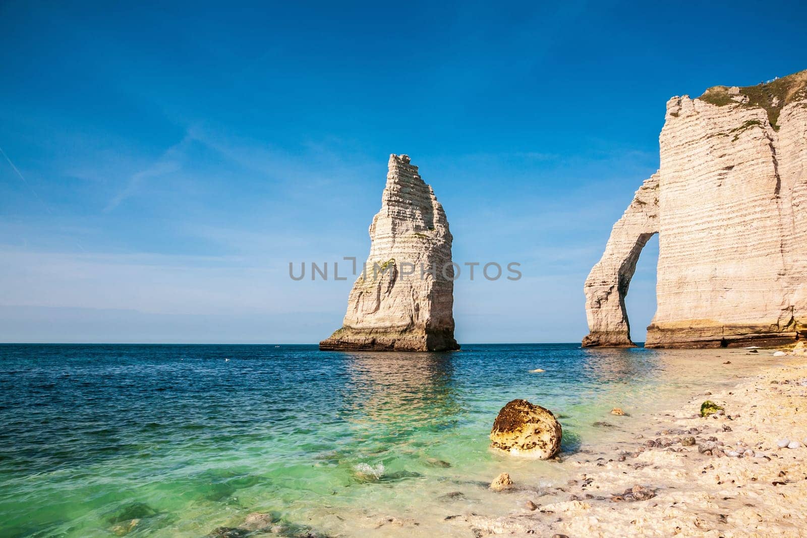 The famous cliffs at Etretat from the beach, photography taken in France