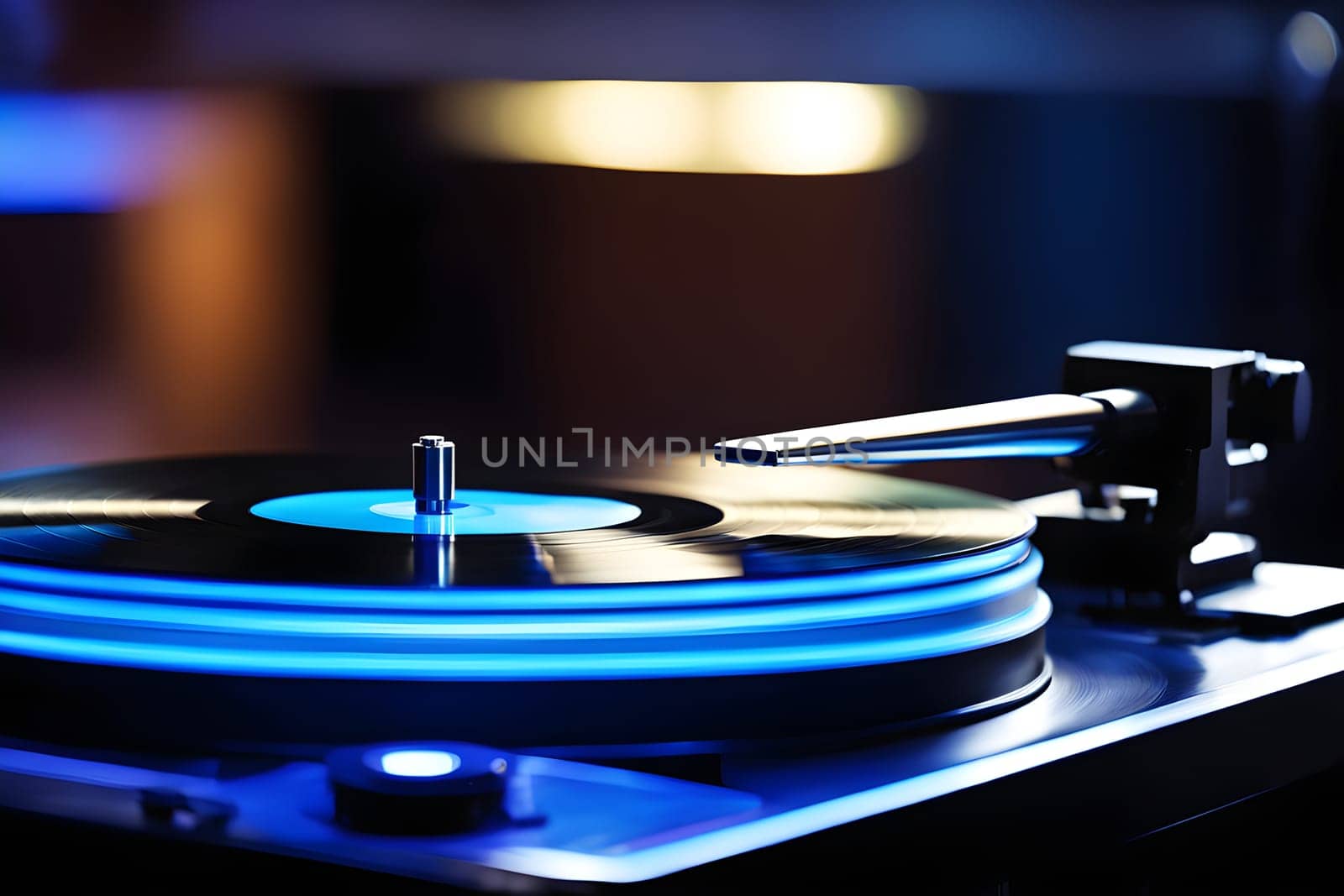 Close-up of a record player in blue light