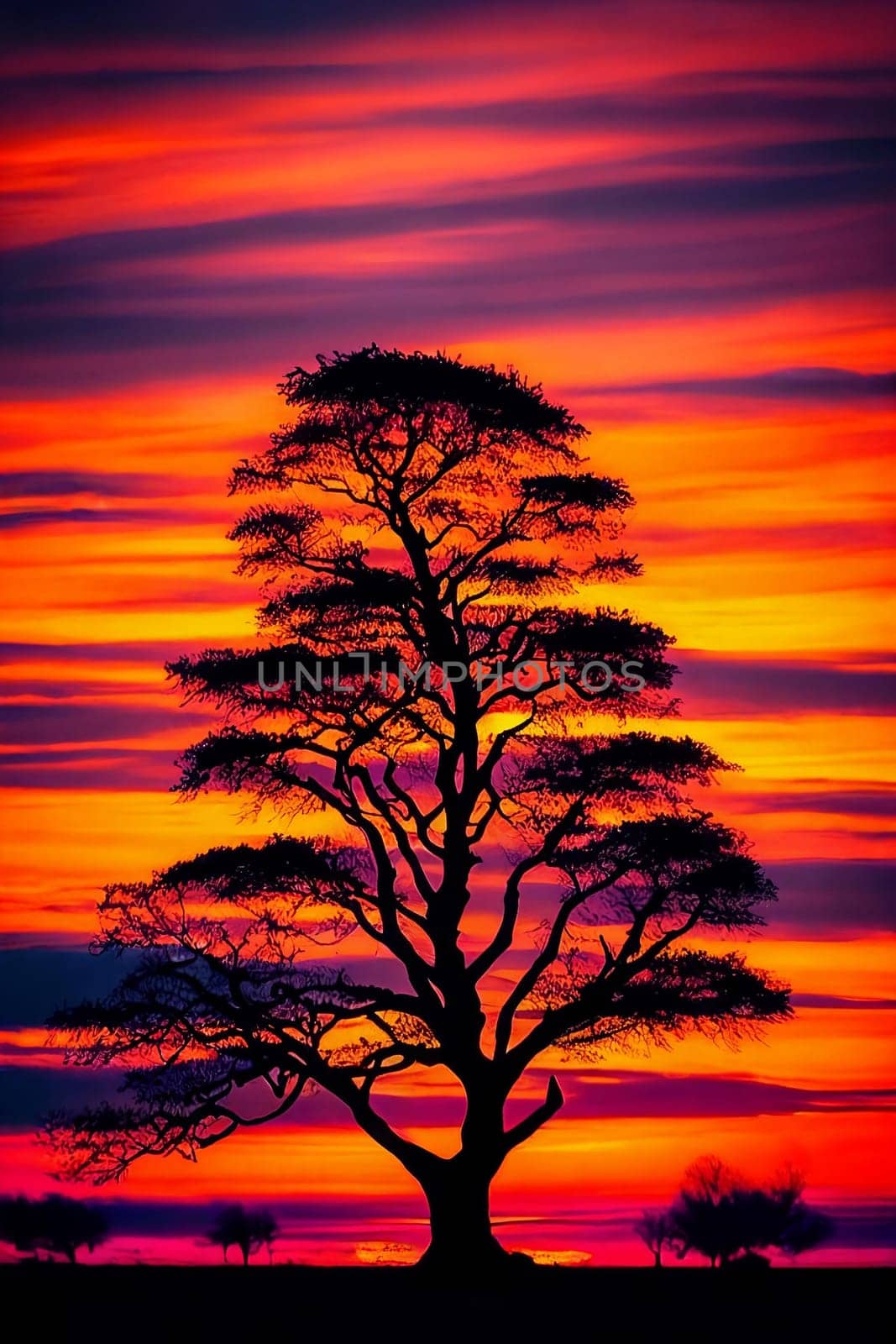 Silhouetted Silhouettes. Alone tree against the vibrant sunset sky, emphasizing its intricate branches and leaves in shadowy contrast against the colorful backdrop.