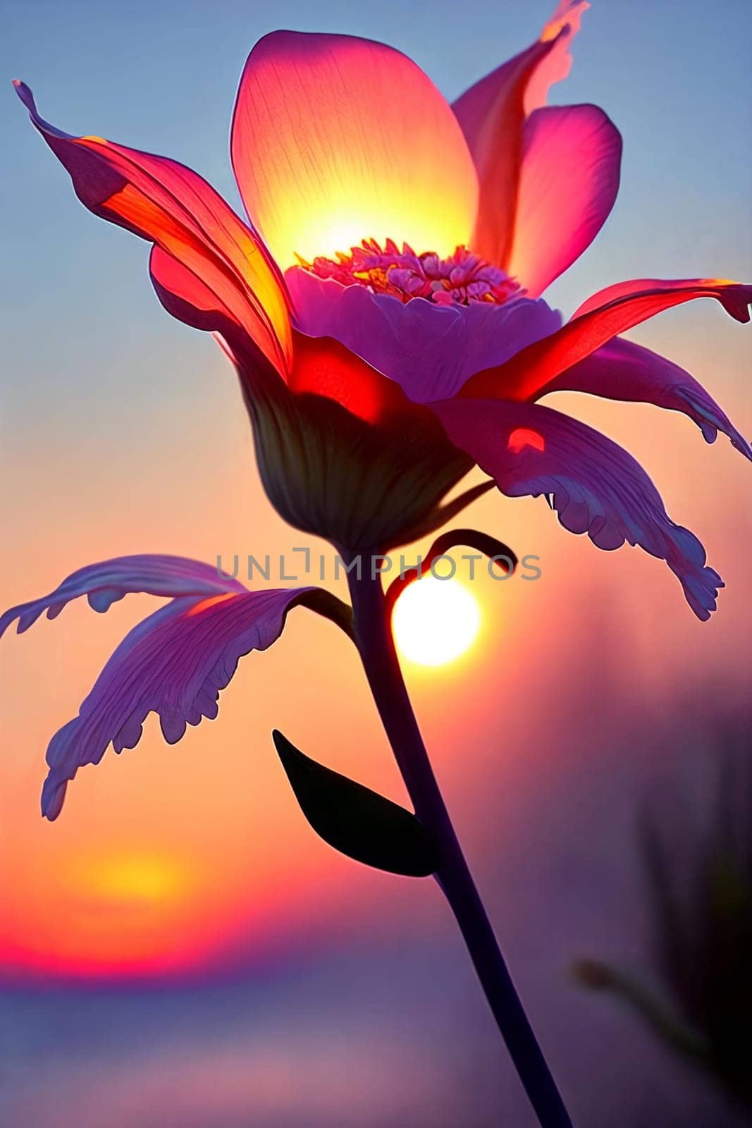 Floral Fantasy. Intricate details of a blooming flower as it catches the last rays of the setting sun, highlighting its delicate petals and vibrant colors in a dreamy, ethereal light.