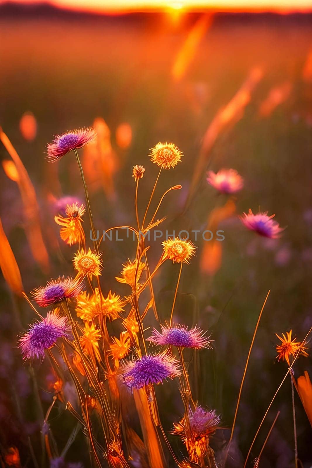 Golden Hour Glow. Warm, soft light of the setting sun illuminating delicate wildflowers or intricate spiderwebs in a field, highlighting their natural beauty.