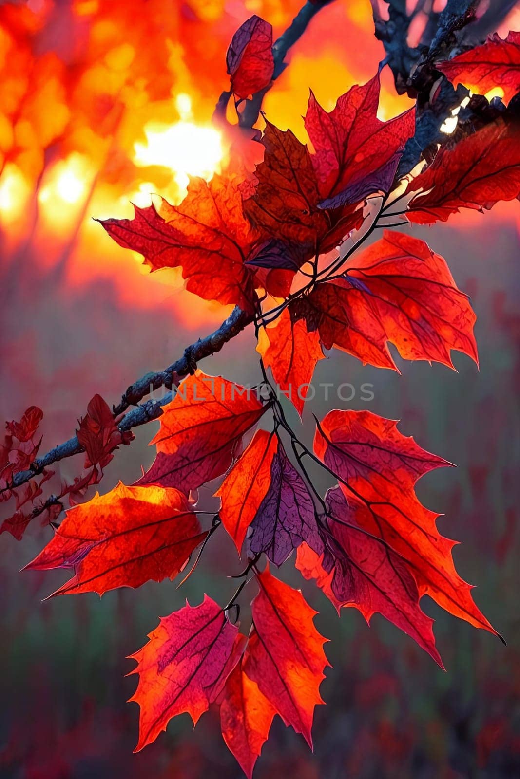 Autumn Elegance. Rich colors and textures of fall foliage at sunset, capturing the intricate details of individual leaves as they glow in the fading light of the day.