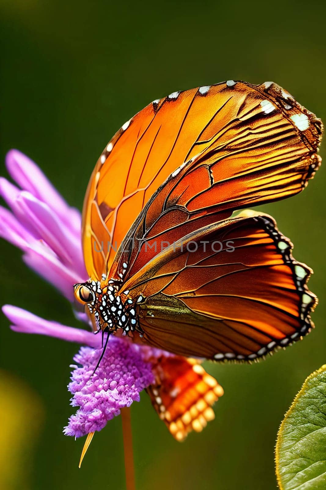 Macro Magic. Intricate patterns and textures of a butterfly resting on a dew-covered leaf as the sunset paints the scene with rich, golden hues.