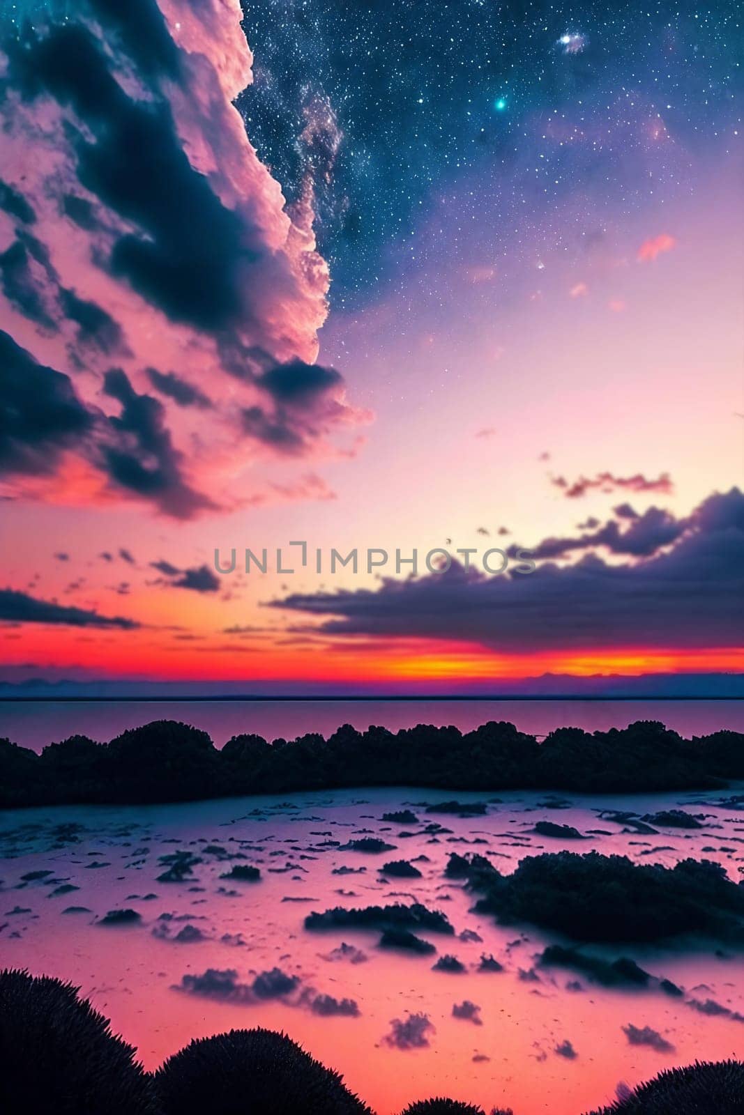 Celestial Serenity. Beauty of a star-filled sky at sunset, capturing the intricate patterns of clouds and the soft hues of twilight in a mesmerizing composition that connects nature's wonders from dusk till nightfall.