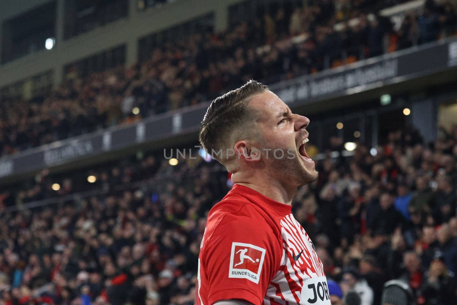 Christian Günter (SC Freiburg) scores to make it 1-0 and celebrates his first goal of the season in the match of the 1. FBL: 23-24: 24. Sptg. SC Freiburg - FC Bayern Munich  DFL REGULATIONS PROHIBIT ANY USE OF PHOTOGRAPHS AS IMAGE SEQUENCES AND/OR QUASI-VIDEONann  Photo: Joachim Hahne/johapress
