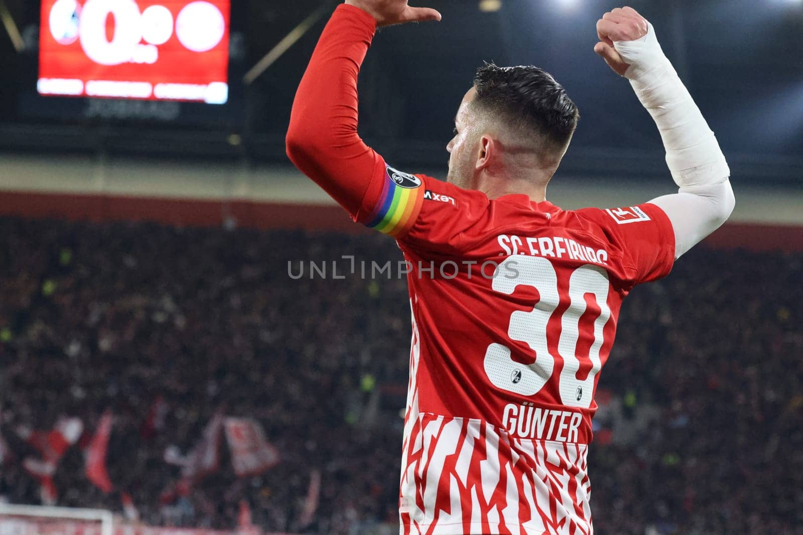Christian Günter (SC Freiburg) scores to make it 1-0 and celebrates his first goal of the season in the match of the 1. FBL: 23-24: 24. Sptg. SC Freiburg - FC Bayern Munich  DFL REGULATIONS PROHIBIT ANY USE OF PHOTOGRAPHS AS IMAGE SEQUENCES AND/OR QUASI-VIDEONann  Photo: Joachim Hahne/johapress