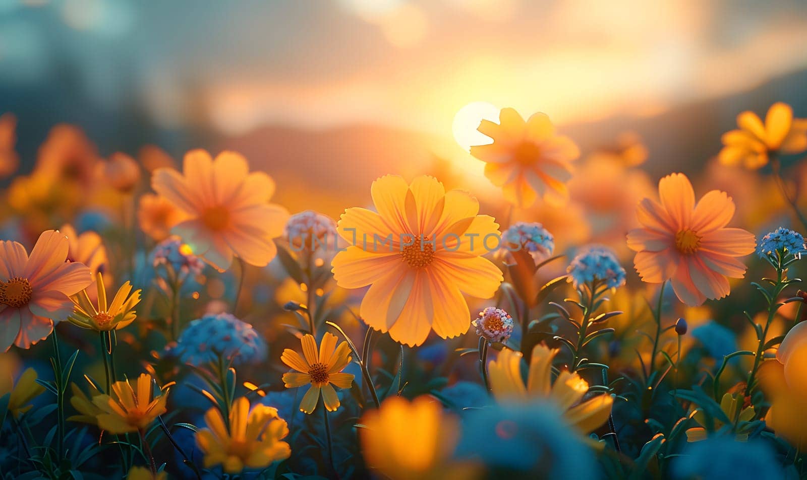 Background illustration about spring. There are flowers in the meadow in the beautiful morning sunlight with a blurred background makes you feel refreshed and want to create new things or start over.