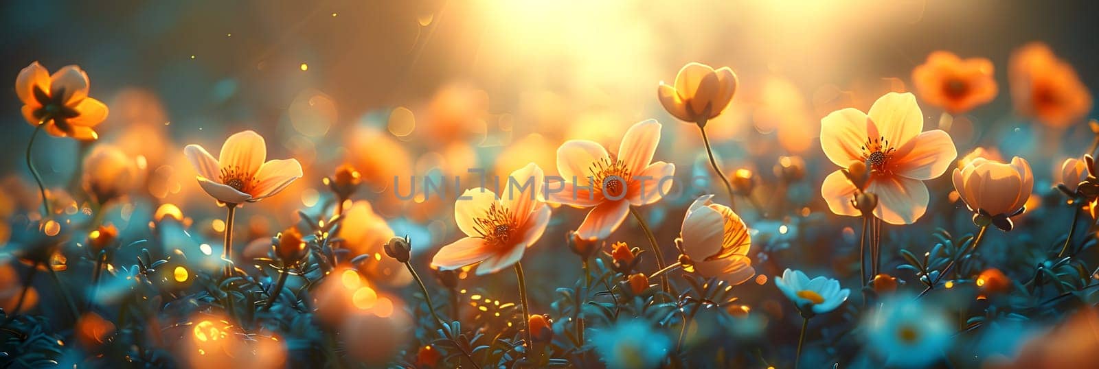 Background illustration about spring. There are flowers in the meadow in the beautiful morning sunlight with a blurred background makes you feel refreshed and want to create new things or start over.