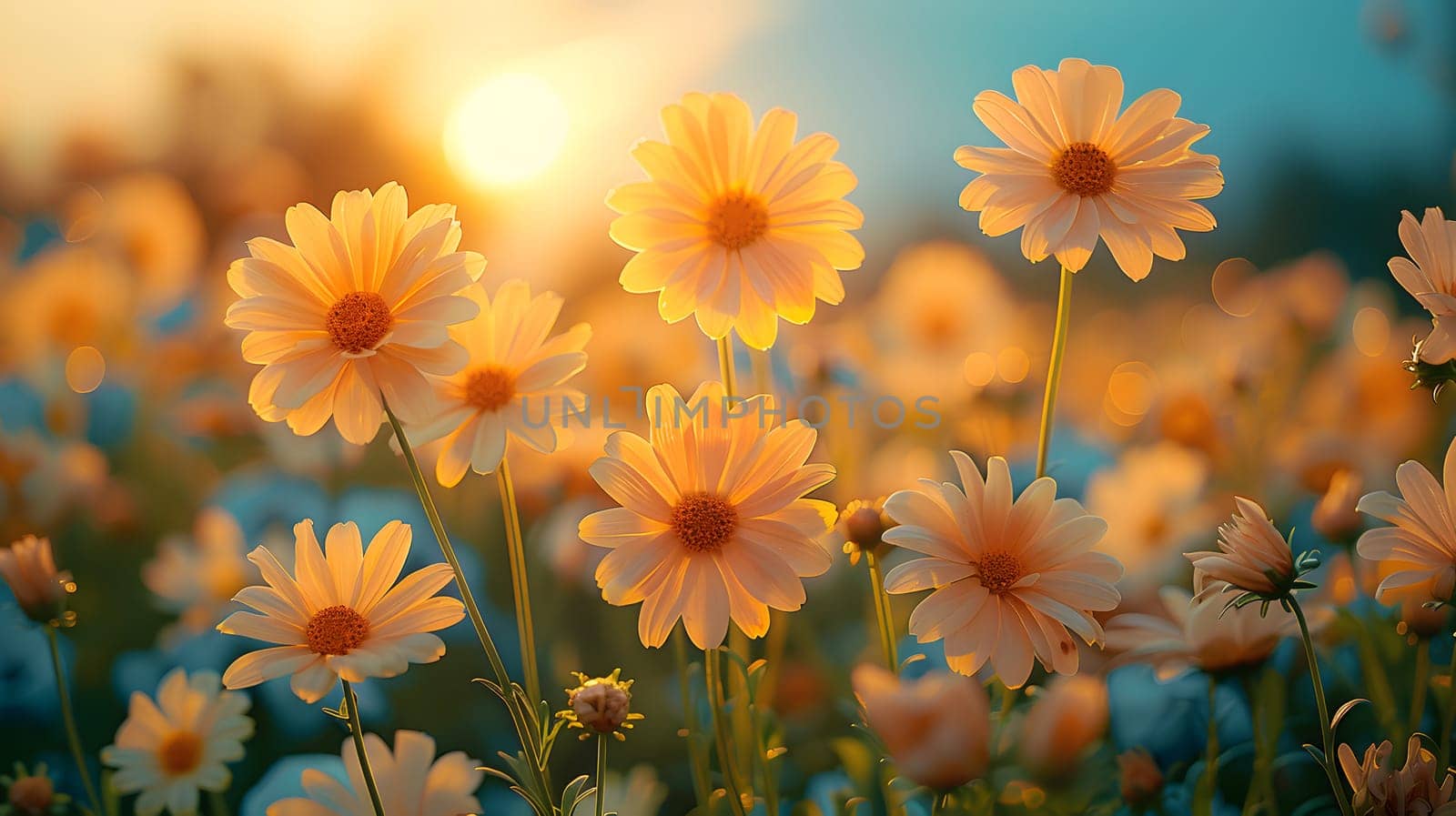 Background illustration about spring. There are flowers in the meadow in the beautiful morning sunlight with a blurred background makes you feel refreshed and want to create new things or start over.