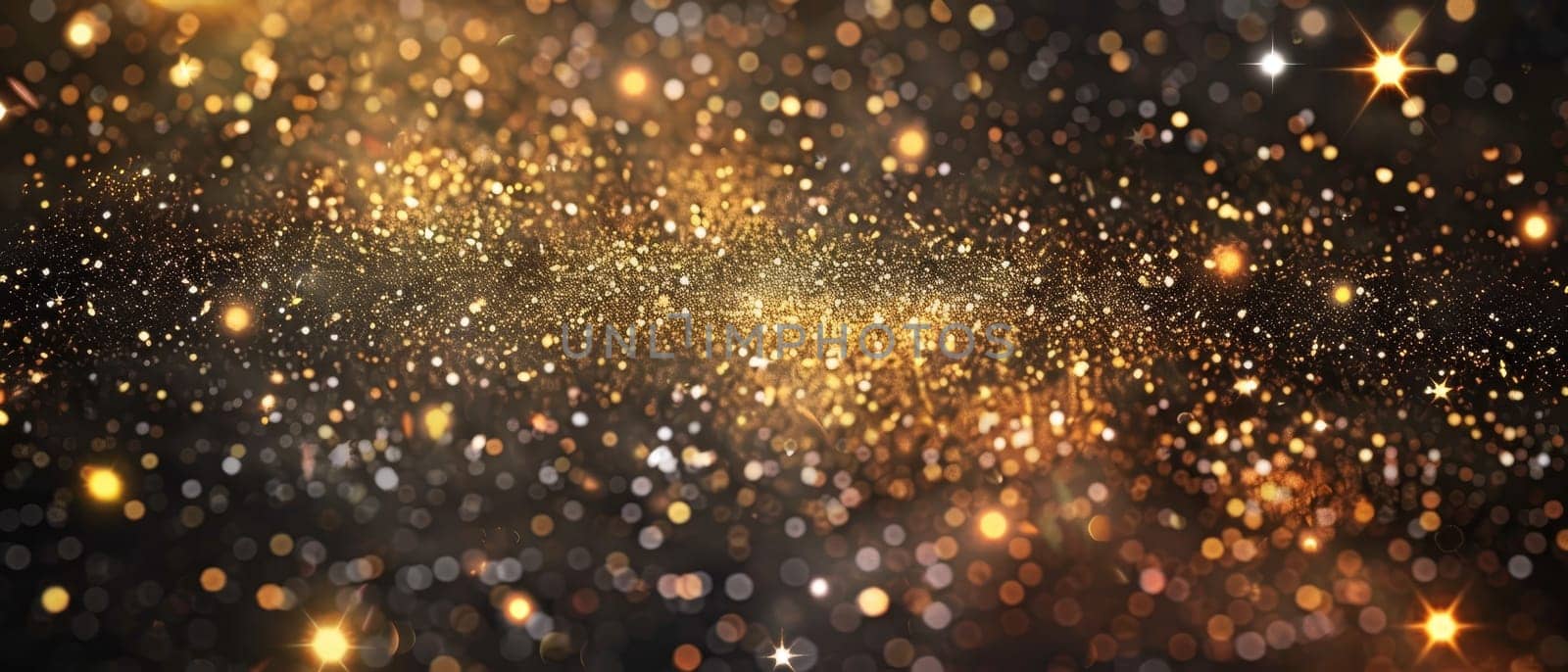 A mesmerizing display of golden bokeh lights against a dark backdrop, creating a magical, festive atmosphere