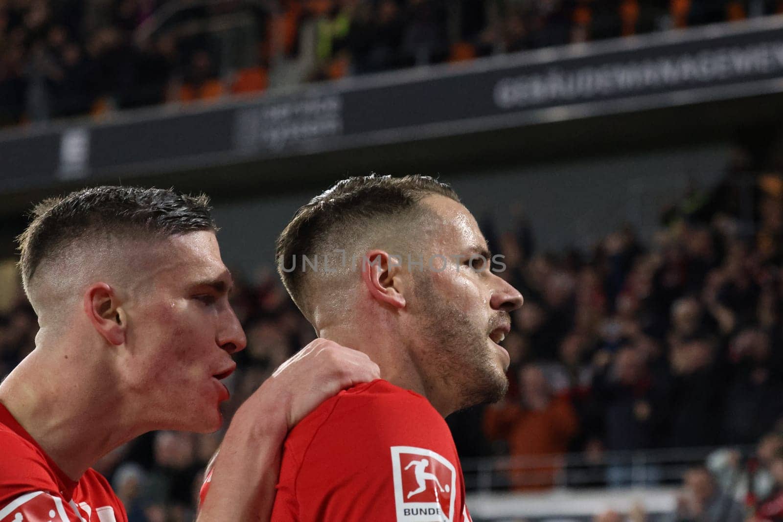 Roland Sallai (SC Freiburg) enjoys the moment with the goal bat Christian Günter (SC Freiburg) scores to make it 1-0 and celebrates his first goal of the season in the 1st FBL game: 23-24: 24. SC Freiburg - FC Bayern Munich  DFL REGULATIONS PROHIBIT ANY USE OF PHOTOGRAPHS AS IMAGE SEQUENCES AND/OR QUASI-VIDEONann  Photo: Joachim Hahne/johapress