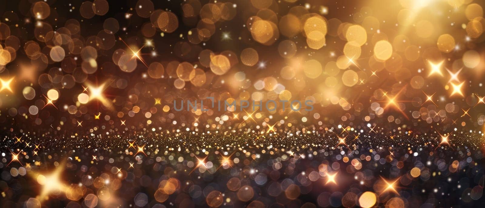 A mesmerizing display of golden bokeh lights against a dark backdrop, creating a magical, festive atmosphere