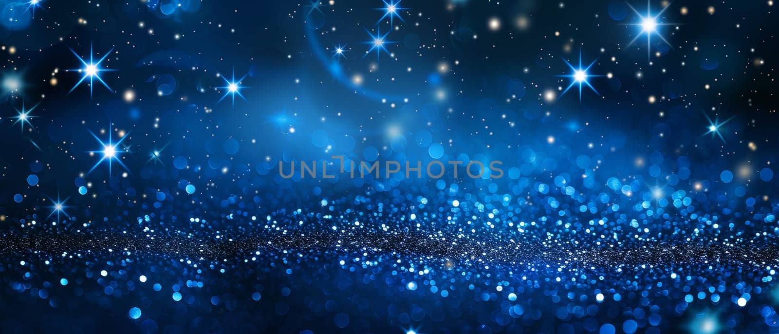 Sparkling stars and glitter on a dark blue background, creating a magical and festive atmosphere