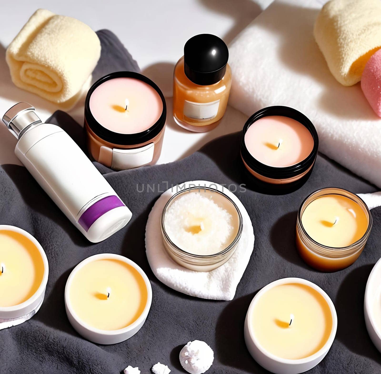 Self-care Ritual. A flat lay composition of pampering essentials such as scented candles, a plush towel, aromatic bath salts, and a skincare mask to convey the importance of self-care and relaxation