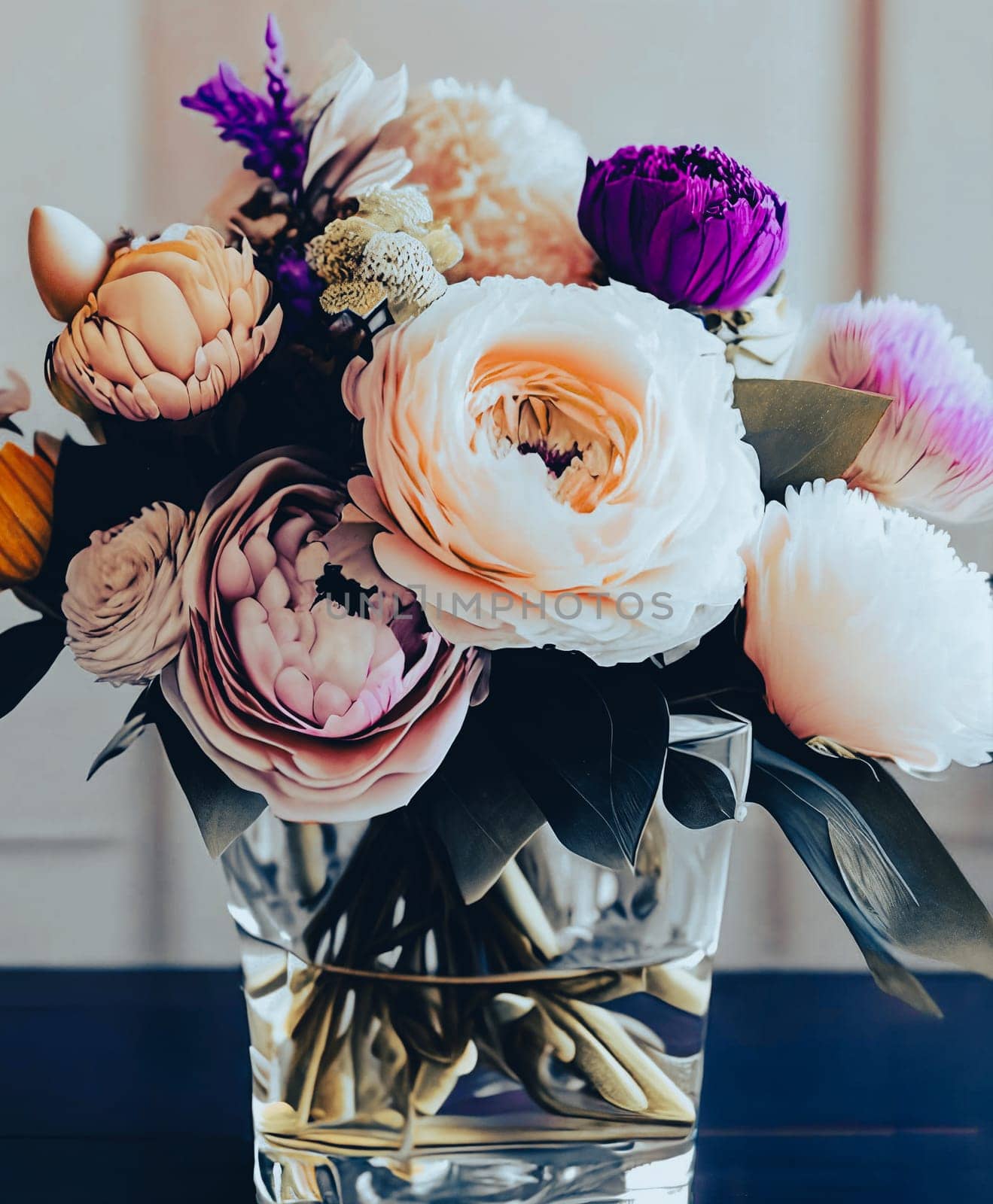 Sophisticated floral arrangement using a mix of different blooms such as peonies, hydrangeas, and ranunculus.