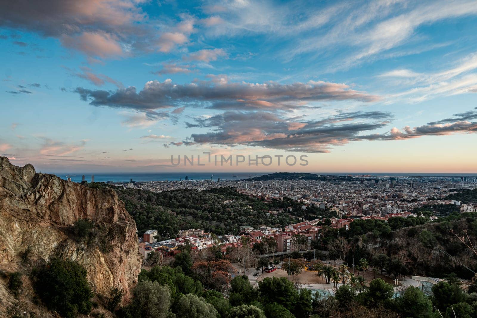 Stunning panoramic view of the city of Barcelona from the Creueta del Coll hill viewpoint, which gives its name to the park of the same name located in the urban district of Gracia.