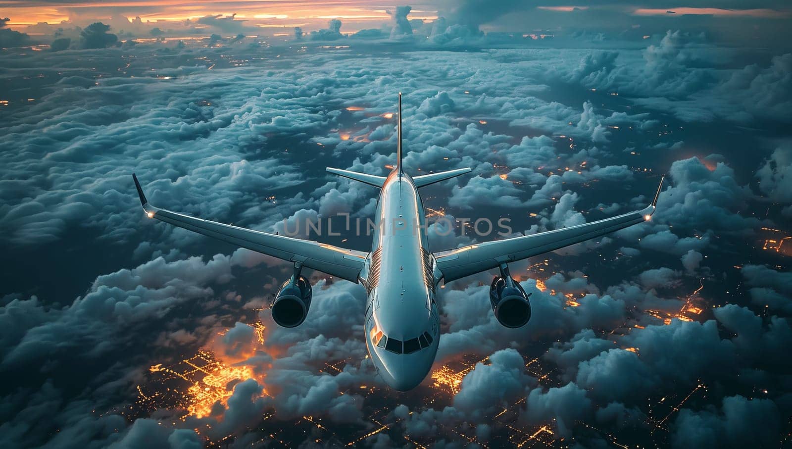 Airplane ascending through clouds over illuminated city at dusk