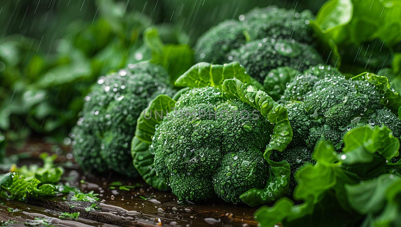 Fresh green broccoli with water drops on wooden table. Selective focus.