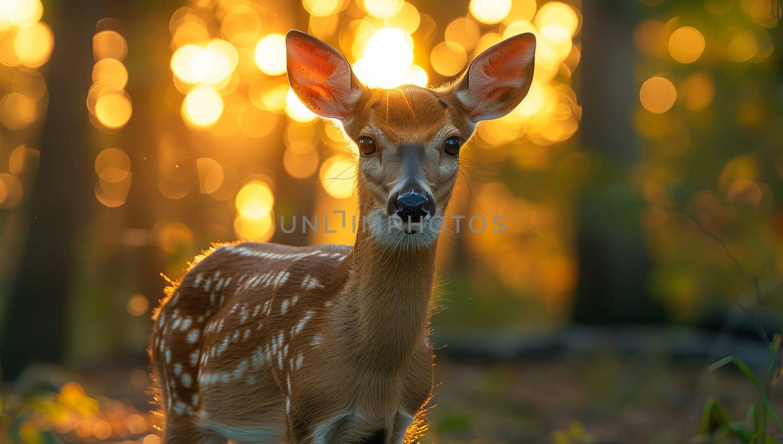 Fawn in the forest at sunset. Bokeh background.