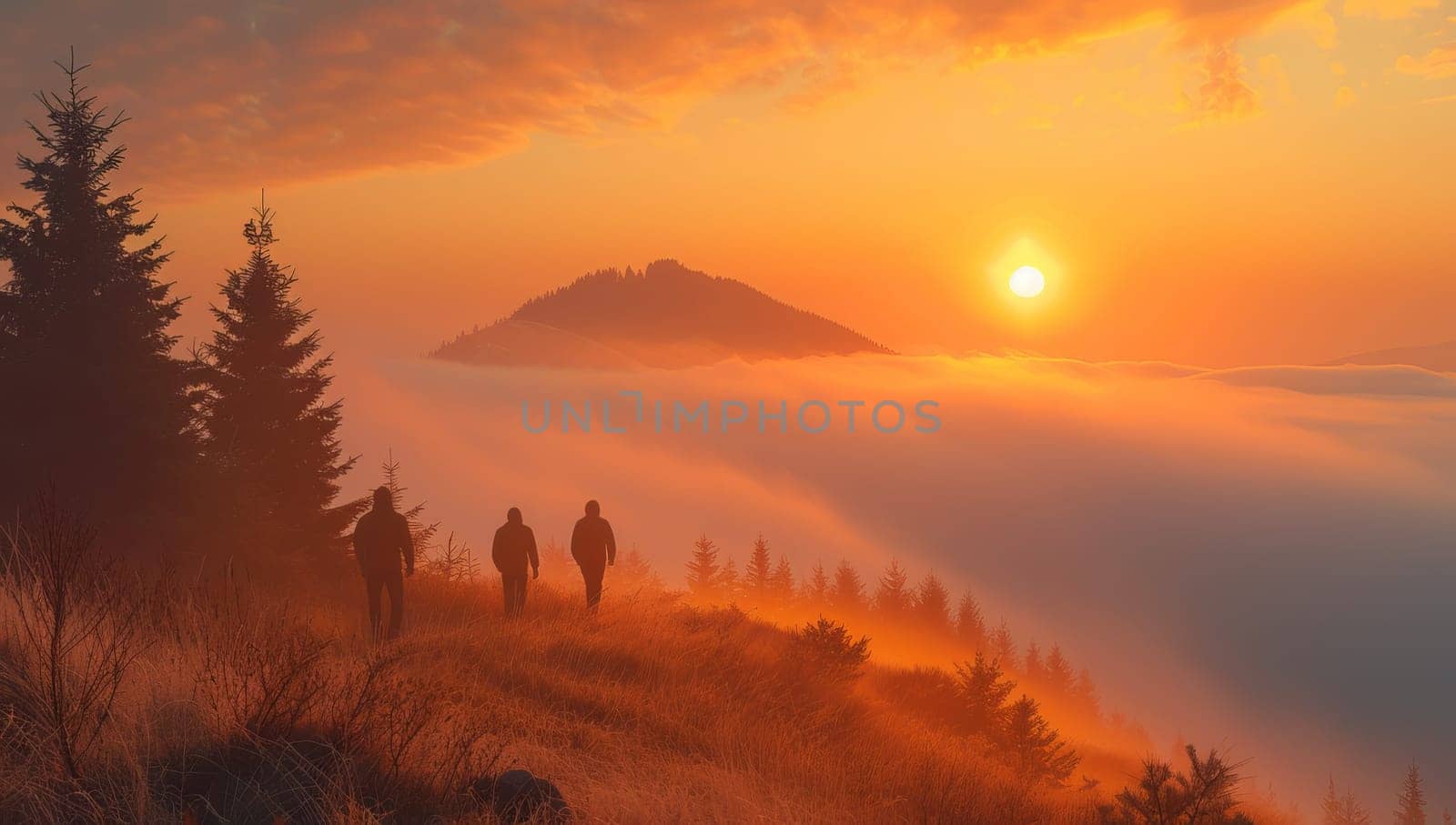 Silhouettes of hikers on the top of a mountain at sunset