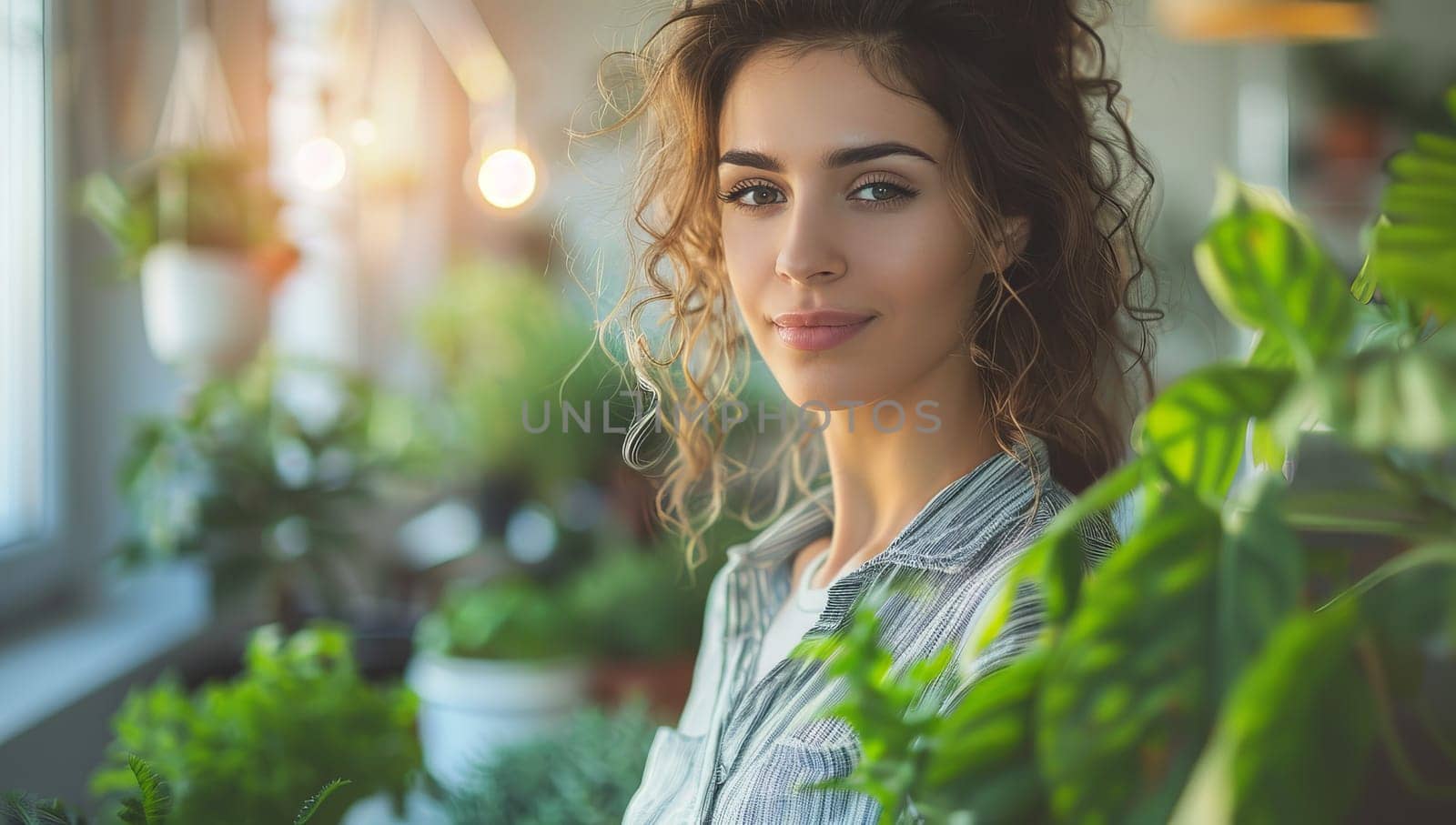 Portrait of a beautiful young woman with curly hair in a gray blouse in a flower shop