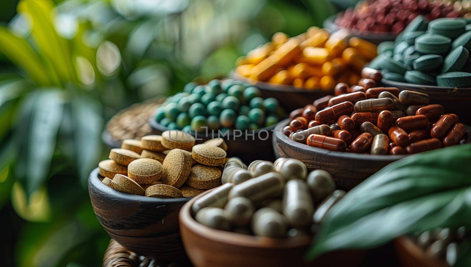 Colorful variety of pills and capsules in wooden bowls surrounded by green leaves