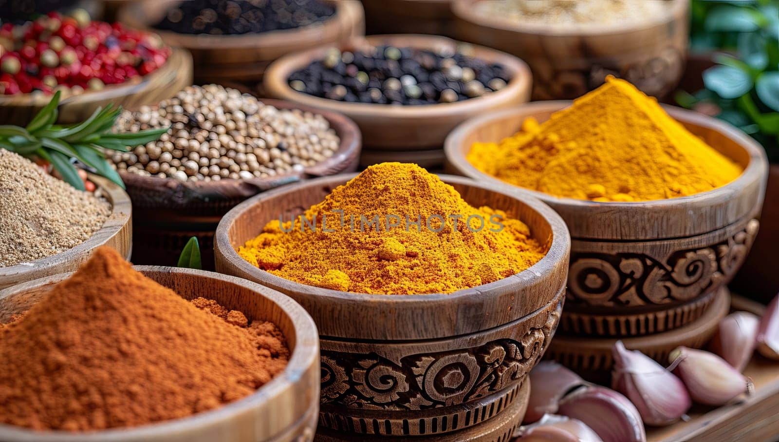 Spices and herbs in wooden bowls. Food and cuisine ingredients.