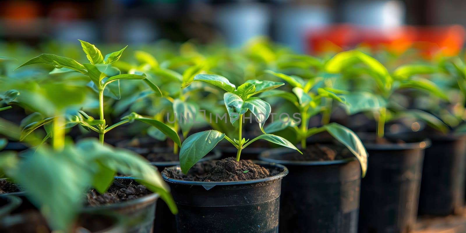 Pepper seedlings thrive in greenhouse pots with selective focus