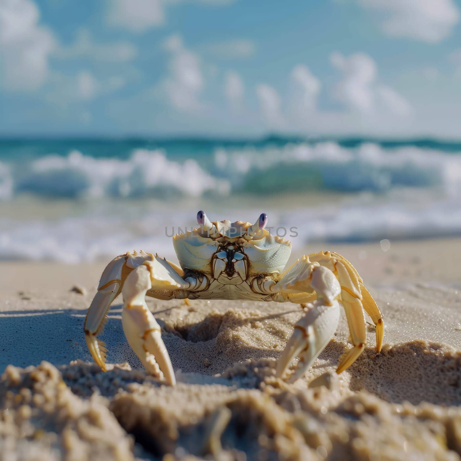A vibrant crab on a sunny beach, with seafoam green waves and a clear blue sky in the background