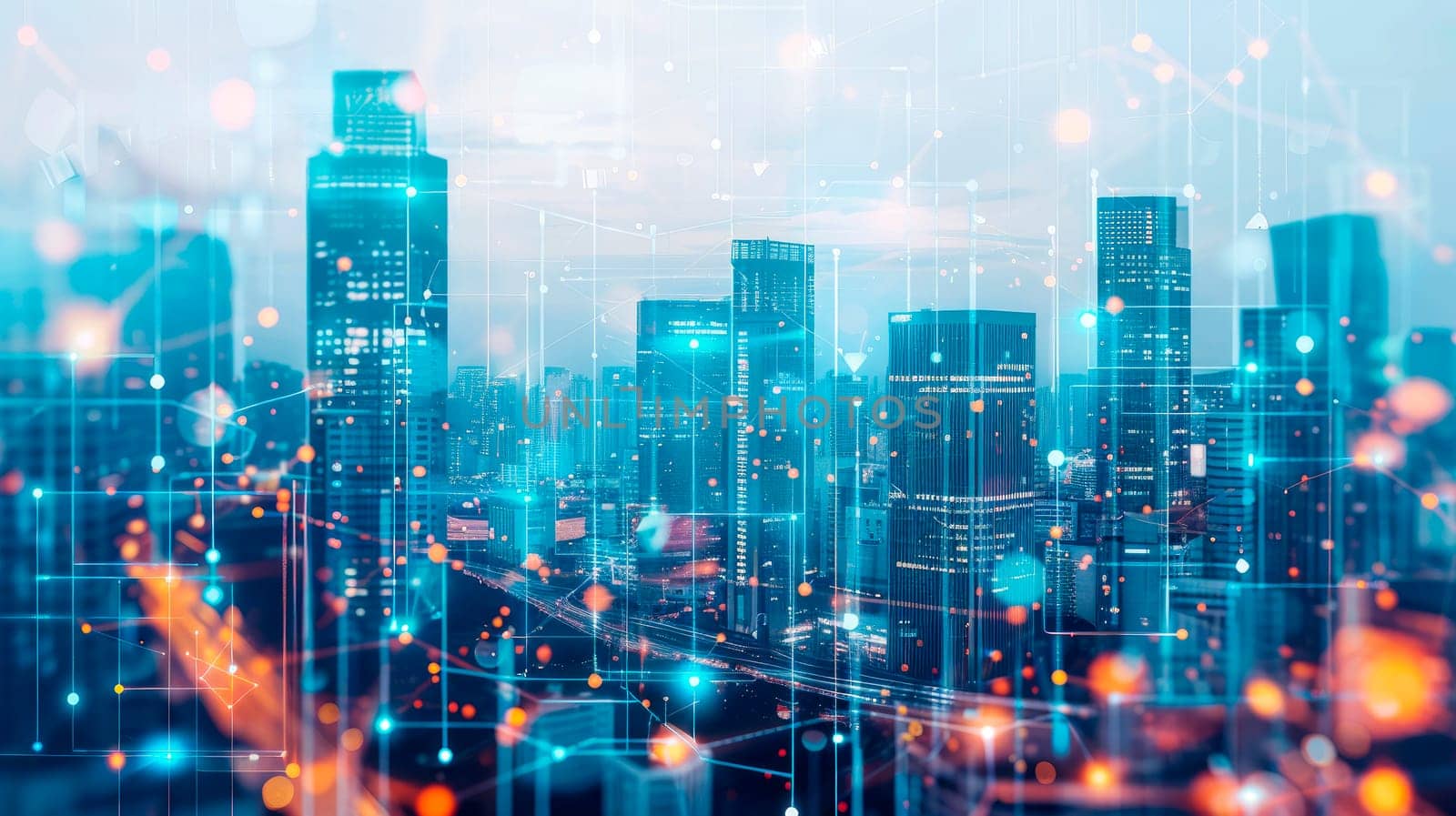 Double exposure image. Business connection in the city with digital graphic link network internet of things and information communication technology buildings. AI generated
