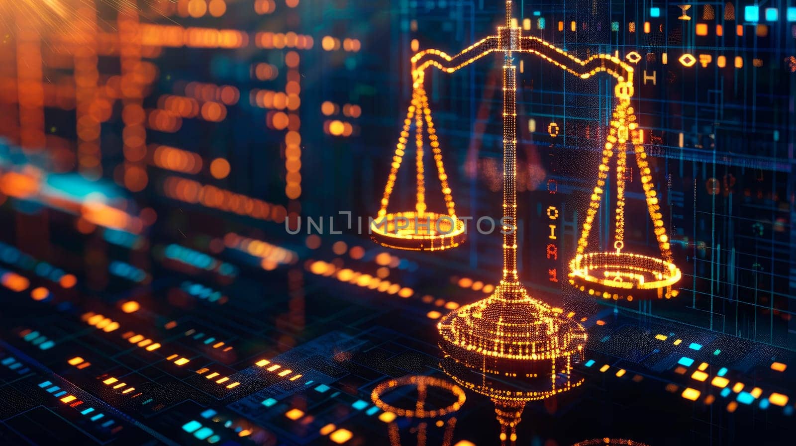 Law scales on background of digital data. Legal advice service concept with technology background. AI generated