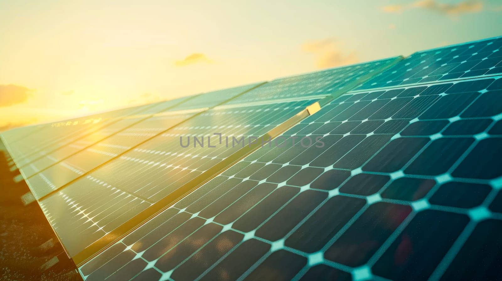 Solar panels and sky landscape at sunset, green energy concept. AI generated