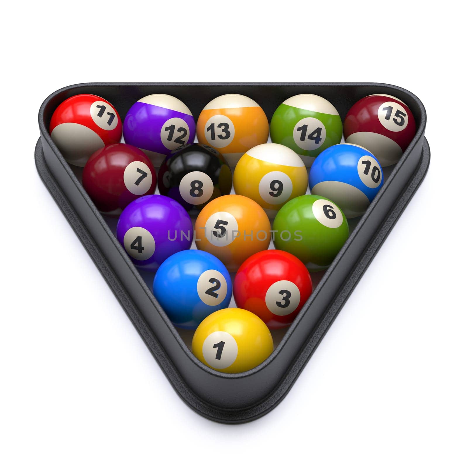 Pool balls in triangle starting position 3D rendering illustration isolated on white background