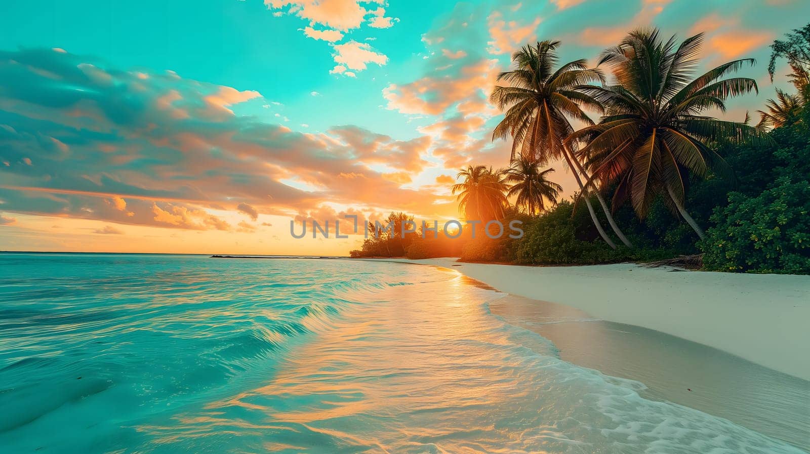 tropical beach view at sunset or sunrise with white sand, turquoise water and palm trees. Neural network generated image. Not based on any actual scene or pattern.