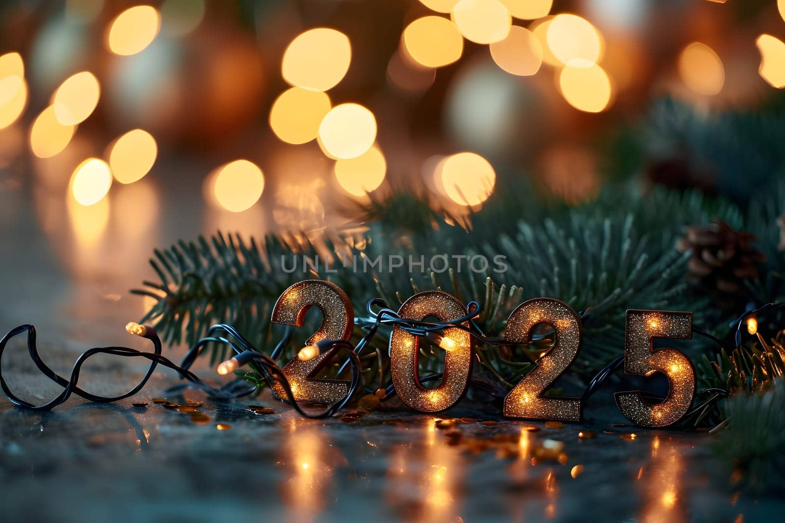 Digits 2025 surrounded with Christmas decorations for new year celebration. Neural network generated image. Not based on any actual person or scene.