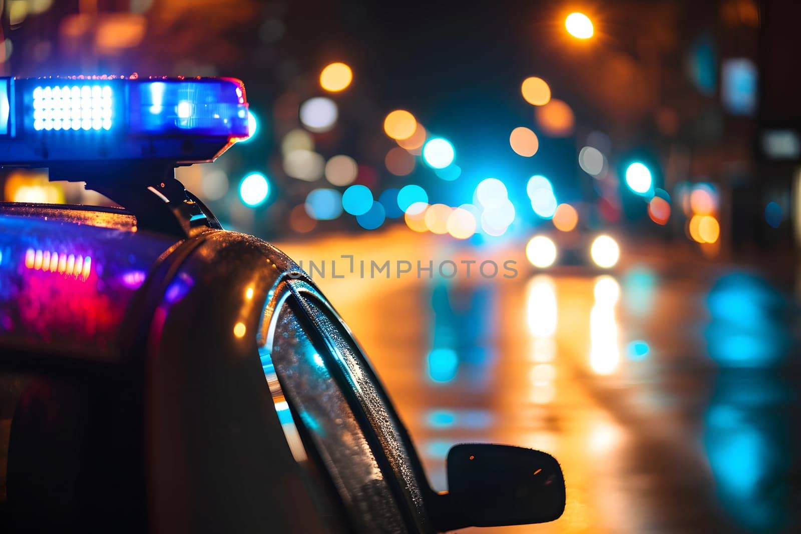 police car lights at night in city street with selective focus and bokeh. Neural network generated image. Not based on any actual person or scene.