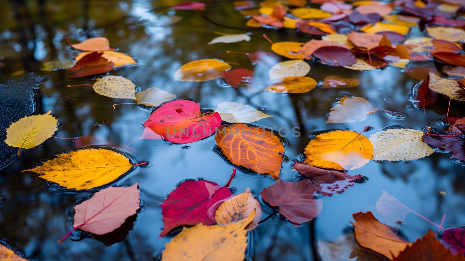 An abstract composition of colorful autumn leaves floating on a reflective water surface of a pond. Neural network generated image. Not based on any actual scene or pattern.