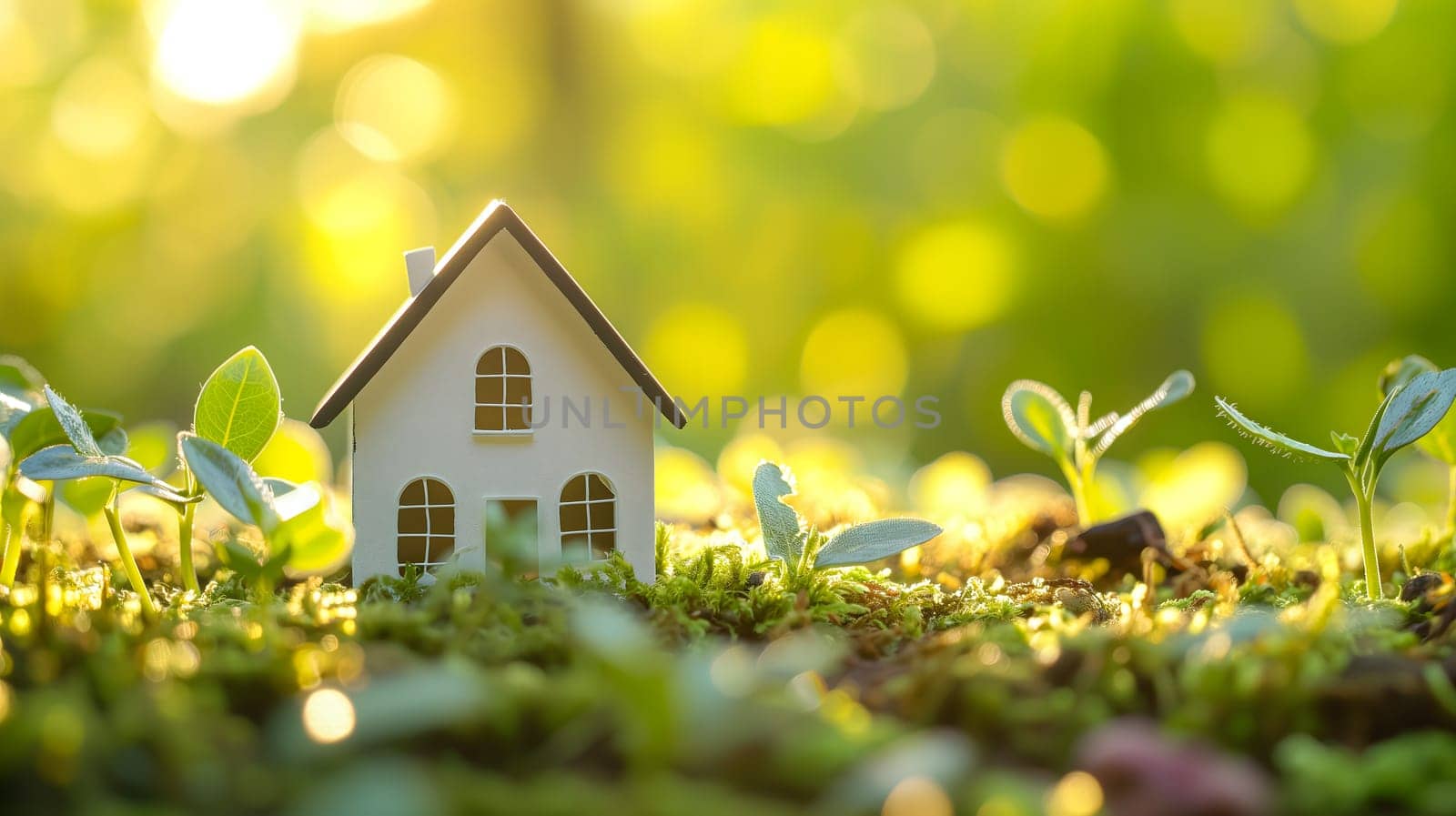 Spring background with a tiny toy house symbolizing family mortgage construction rental and property concepts. Neural network generated image. Not based on any actual person or scene.