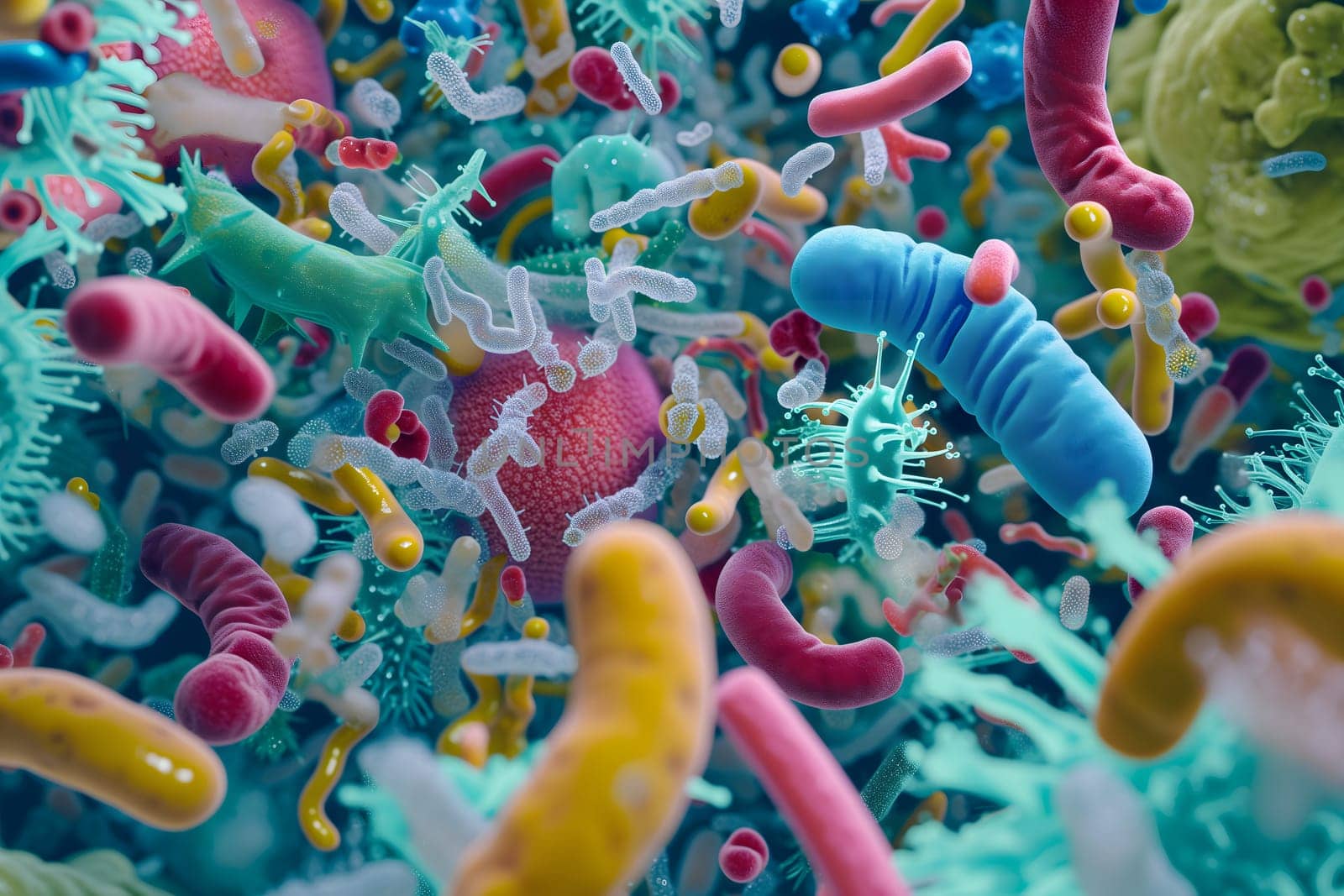 Diverse colorful abstract microbiome, containing many different types of microorganisms. Neural network generated in January 2024. Not based on any actual scene or pattern.