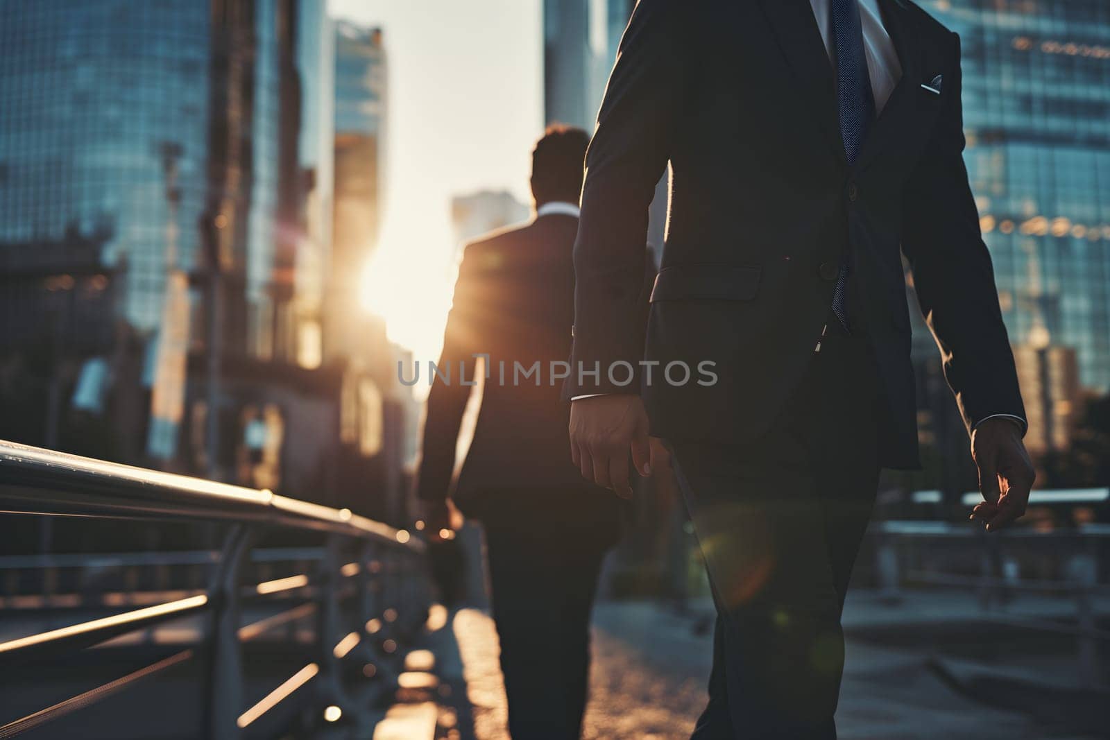 Close up abstract business background with businessmen navigating the cityscape, Interacting and collaborating. Neural network generated image. Not based on any actual person or scene.