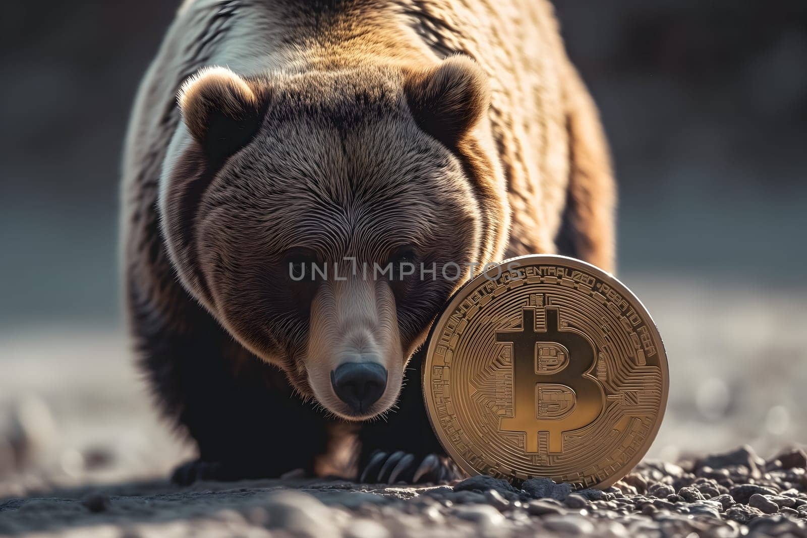 Bear with bitcoin shiner portrait for bearish down trend concept. Neural network generated image. Not based on any actual person or scene.