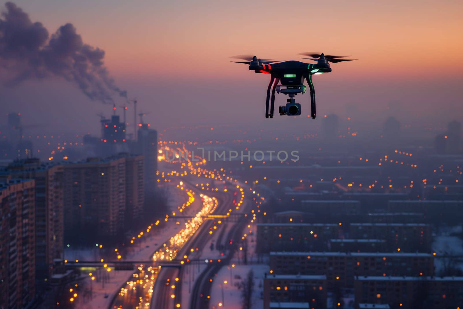 Flying drone above the city at snowy winter morning. Neural network generated image. Not based on any actual scene or pattern.