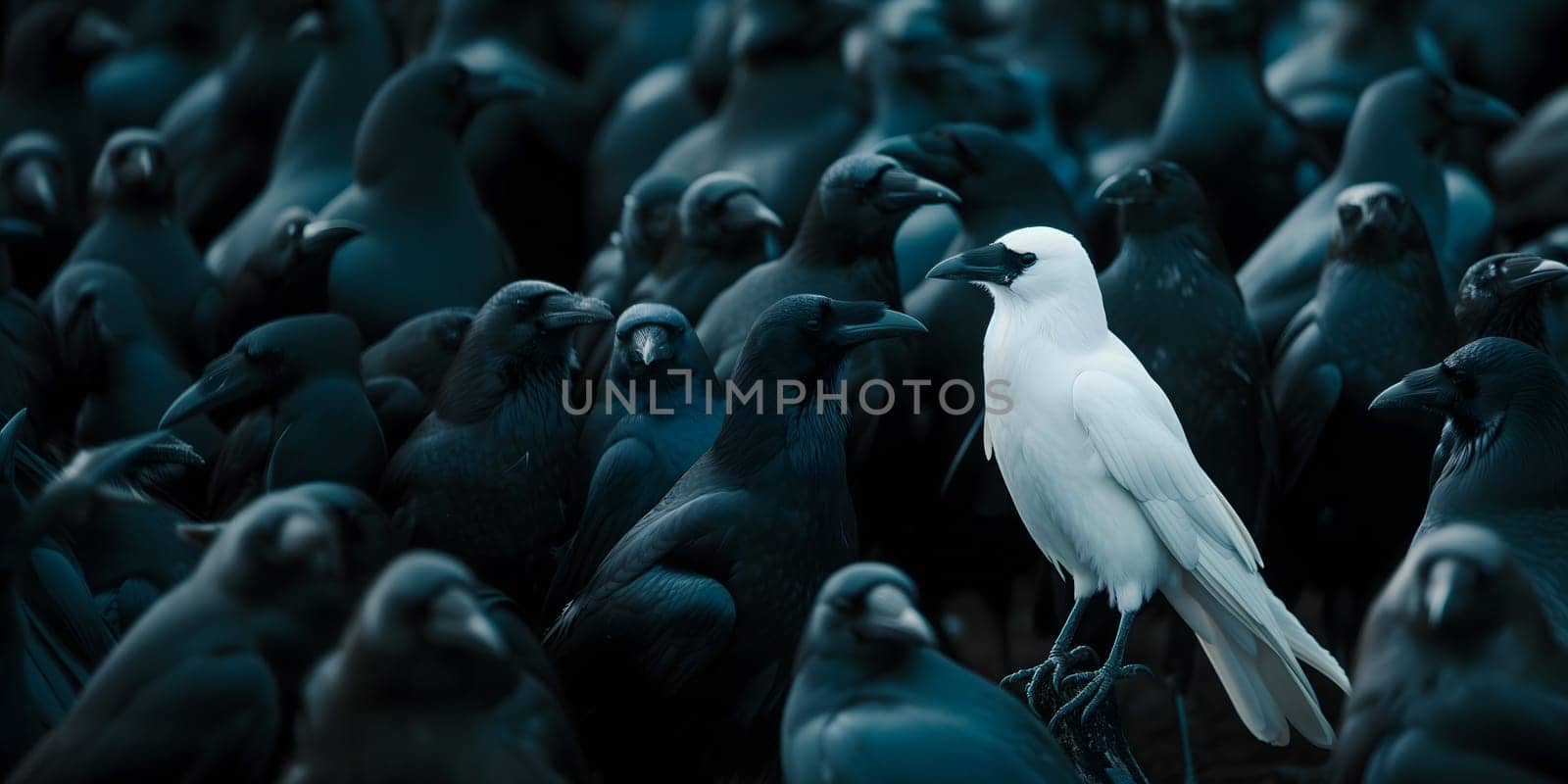 A white crow among many black crows. Neural network generated image. Not based on any actual scene or pattern.