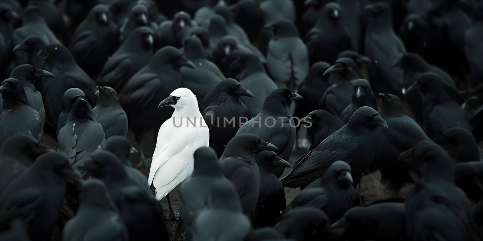 A white crow among many black crows. Neural network generated image. Not based on any actual scene or pattern.